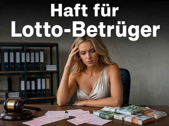 Frau am Schreibtisch mit Lottoscheinen, Geldbuendeln und Richterhammer: mehrjaehrige Haftstrafen fuer Lotto-Betrueger