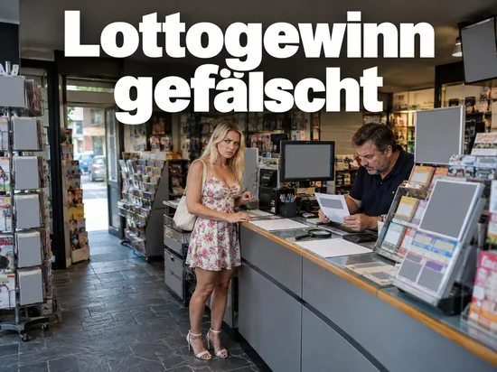 Misstrauische Frau an der Theke einer Lotto-Annahmestelle, der Verkäufer prüft ein Blatt Papier