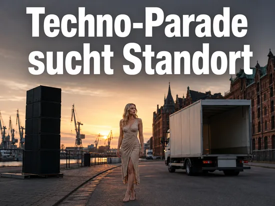 Frau auf einer Hafenstrasse mit Lautsprecherturm und Umzugswagen, Schriftzug Techno-Parade sucht Standort