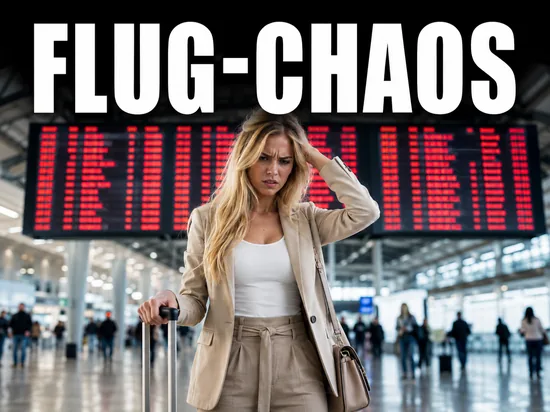 Blonde Frau mit Koffer am Flughafen vor Verspaetungs-Anzeige, Symbolbild Flug-Chaos