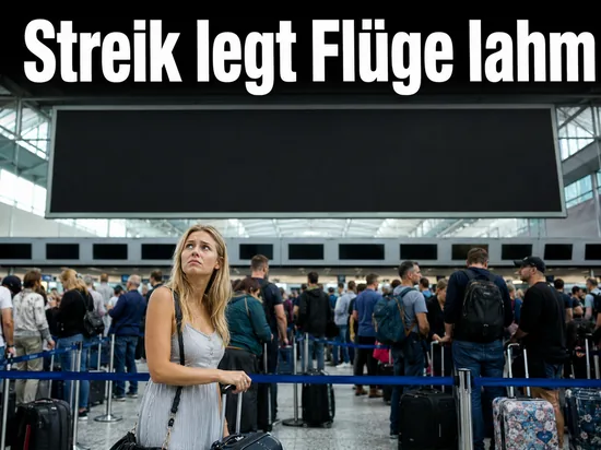 Frau mit Koffer in einer vollen Abflughalle vor leerer Anzeigetafel, Schriftzug Streik legt Fluege lahm