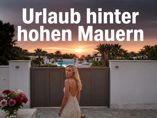 Frau vor dem Tor einer abgeschirmten Ferienanlage bei Sonnenuntergang, Schriftzug Urlaub hinter hohen Mauern