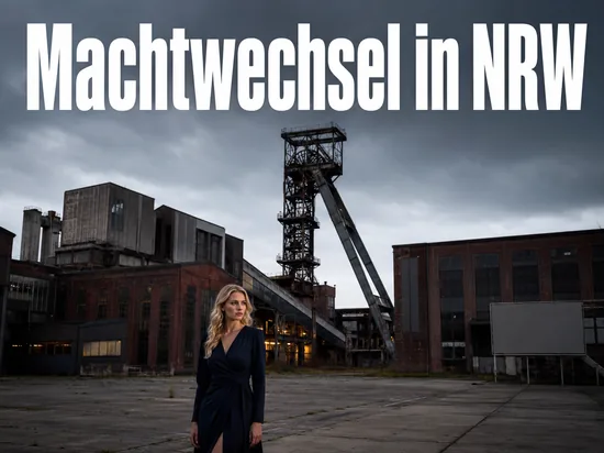 Frau steht vor einem stillgelegten Foerderturm im Ruhrgebiet
