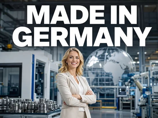 Stolze laechelnde blonde Geschaeftsfrau in moderner Hightech-Fabrikhalle mit Praezisionsteilen und Globus, Symbolbild weltweit gefragte deutsche Qualitaetsprodukte
