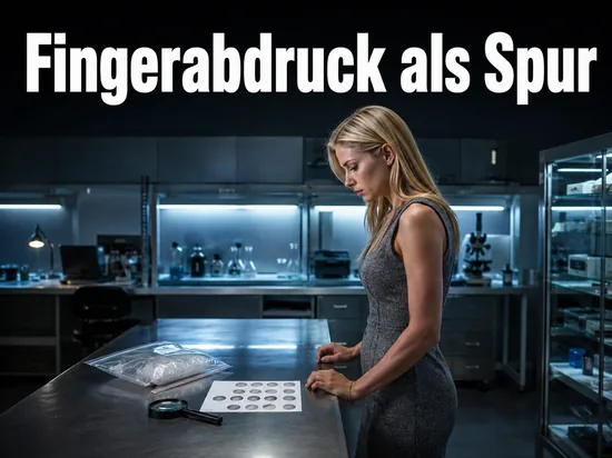 Frau in einem kriminaltechnischen Labor mit Asservatentuete und Fingerabdruckblatt: Fingerabdruck fuehrt zum Verdaechtigen