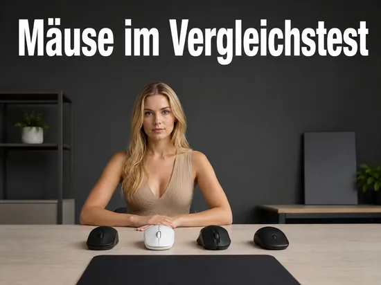 Frau am Tisch mit vier verschiedenen Computermäusen