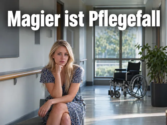 Frau sitzt im Flur einer Klinik, im Hintergrund ein leerer Rollstuhl