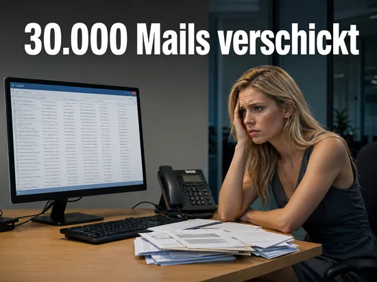 Frau am Buerorechner mit langem E-Mail-Postausgang: 30.000 Mahnschreiben versehentlich verschickt