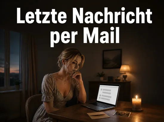 Frau am Laptop mit Briefumschlag, Kerze und altem Foto, Schriftzug Letzte Nachricht per Mail