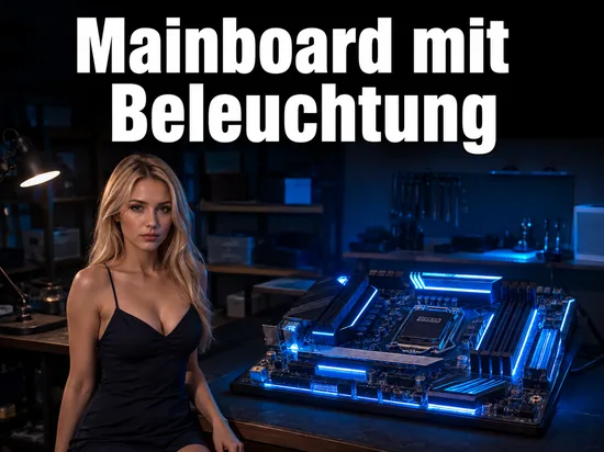 Frau an einer Werkbank mit blau beleuchtetem Mainboard