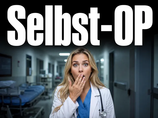 Junge blonde Aerztin blickt fassungslos und erstaunt als Symbol fuer eine riskante Selbstoperation