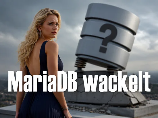 Frau neben einem Datenbank-Symbol mit Fragezeichen