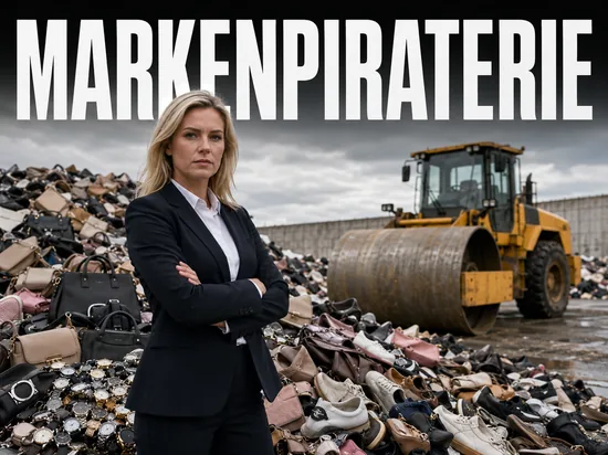 Ernste blonde Geschaeftsfrau vor Bergen beschlagnahmter gefaelschter Waren und einer Strassenwalze, Symbolbild Vernichtungsaktion gegen Marken- und Produktpiraterie