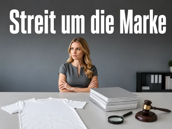 Weisses T-Shirt ohne Aufdruck, Zeitschriftenstapel und Richterhammer auf einem Tisch