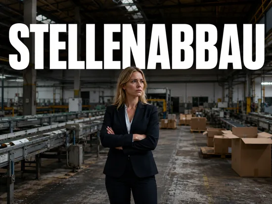 Ernste blonde Geschaeftsfrau in teils stillgelegter Fabrikhalle mit leeren Fliessbaendern, Symbolbild Massenentlassungen und Stellenabbau