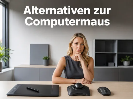 Frau am Schreibtisch mit Grafiktablett, Trackball und Maus