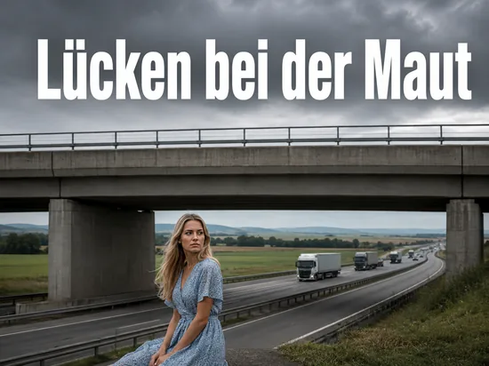 Autobahnbrücke über einer Fahrbahn mit fahrenden Lastwagen