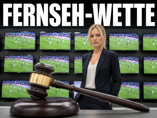 Elektromarkt wegen EM-Fernsehwette vor Gericht, Geschäftsfrau vor vielen Fernsehern mit Fußballbild und Richterhammer