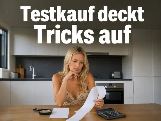 Kassenbon, Taschenrechner und Lupe auf einem Kuechentisch als Symbol fuer Testkaeufe im Handel