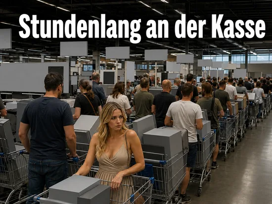 Lange Warteschlange vor den Kassen eines Elektromarkts als Symbol fuer stundenlange Wartezeiten