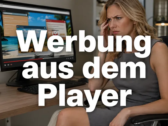 Genervte Geschaeftsfrau vor einem Monitor mit laufendem Medienplayer und mehreren aufpoppenden Werbefenstern als Symbol fuer Popup-Werbung aus dem Media Player