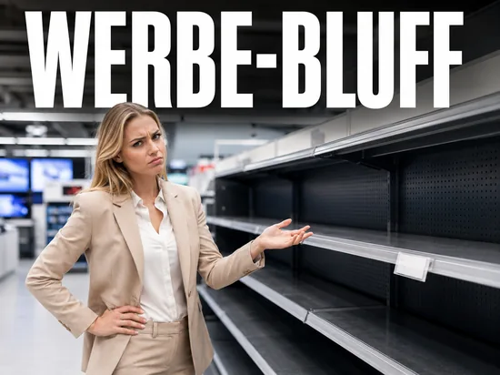 Veraergerte blonde Frau im Elektronik-Fachmarkt vor leerem Regalfach mit Preisschild ohne Ware, Symbolbild nicht eingehaltenes Werbeversprechen
