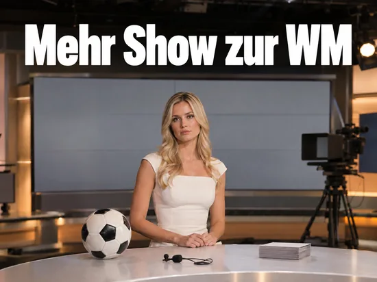 Frau an einem Studiotisch mit Fussball vor einer leeren Videowand