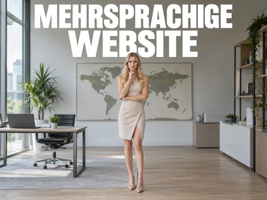Frau steht in einem Büro vor einer Weltkarte und denkt über eine mehrsprachige Website nach
