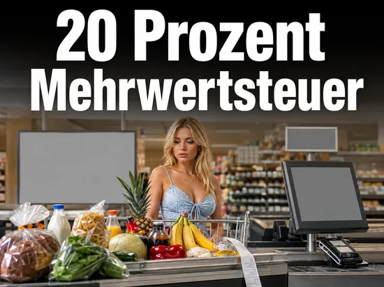 Frau schiebt einen vollen Einkaufswagen an eine Supermarktkasse