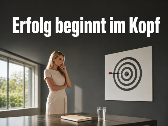 Frau vor einer Zielscheibe mit Pfeil im Trainingsraum, Schriftzug Erfolg beginnt im Kopf