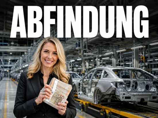 Laechelnde blonde Geschaeftsfrau mit Buendel Euro-Geldscheine vor moderner Automobilfabrik, Symbolbild hohe Abfindung bei freiwilliger Kuendigung