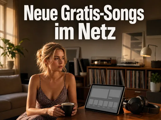 Tablet mit leerer Musikuebersicht und Kopfhoerern im Wohnzimmer als Symbol fuer kostenlose Musikdownloads