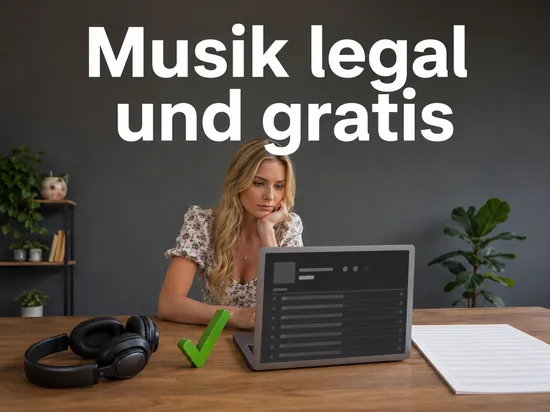 Frau am Laptop mit Playlist, Kopfhoerern und gruenem Haken, Schriftzug Musik legal und gratis