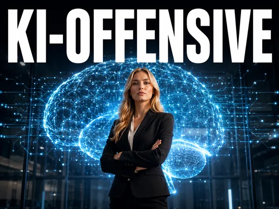 Blonde Geschaeftsfrau vor KI-Gehirn-Symbol, Symbolbild Open-Source-KI-Offensive