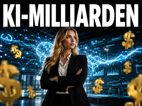 Blonde Geschaeftsfrau vor KI-Datenvisualisierung, Symbolbild Milliarden-Investment in KI