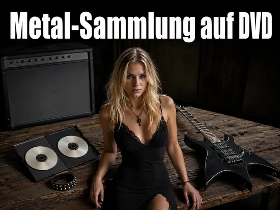 Aufgeklappte DVD-Box neben einer schwarzen E-Gitarre und einem Verstaerker