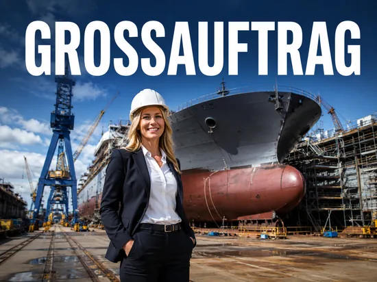 Selbstbewusste blonde Geschaeftsfrau mit Bauhelm auf einer Werft vor riesigem im Bau befindlichem Schiffsrumpf, Symbolbild grosser Schiffbau-Auftrag