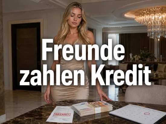 Quittung mit Bezahlt-Stempel, Buendel Geldscheine und Kalender mit markiertem Datum in einem eleganten Anwesen, davor eine Frau