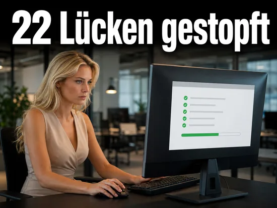 Geschaeftsfrau vor einem Monitor mit Update-Fenster und gruenen Haken als Symbol fuer die neuen Microsoft-Patches gegen 22 Sicherheitsluecken