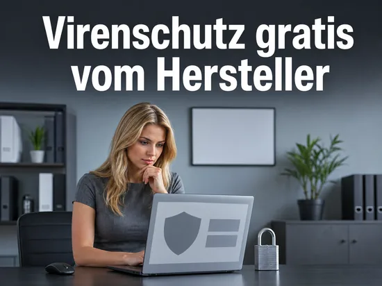 Laptop mit Schutzschild-Oberflaeche und Vorhaengeschloss als Symbol fuer kostenlose Antiviren-Software