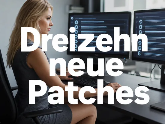 Geschaeftsfrau vor zwei Monitoren mit einer langen Liste von Update-Paketen und Zahnradsymbolen als Symbol fuer dreizehn angekuendigte Patches