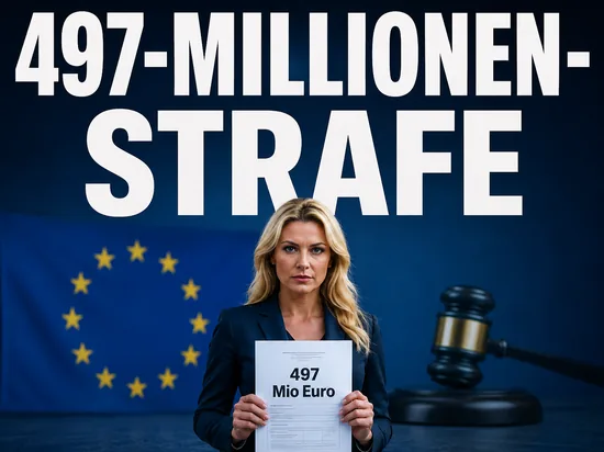 Software-Konzern überweist der EU 497 Millionen Euro Strafe, Geschäftsfrau mit Bußgeldbescheid vor EU-Sternen und Richterhammer