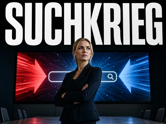 Ernste blonde Geschaeftsfrau vor Bildschirm mit Internet-Suchleiste und zwei gegeneinander gerichteten Pfeilen, Symbolbild Konkurrenzkampf zweier Technologiekonzerne um die Internetsuche