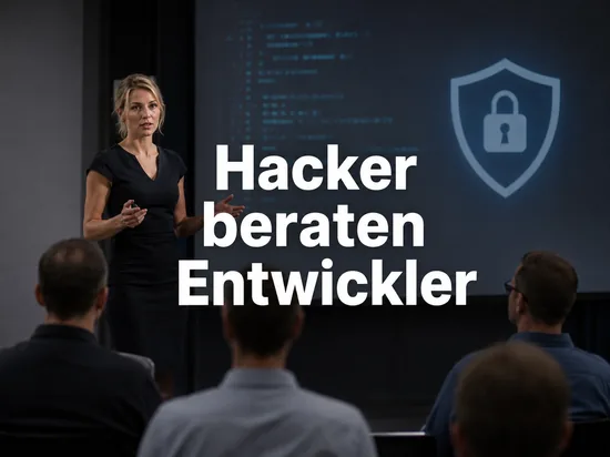 Geschaeftsfrau spricht in einem Konferenzraum vor einer Leinwand mit Programmcode und Schutzschild als Symbol fuer Hacker die Entwicklern Sicherheitsprobleme zeigen