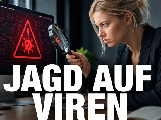 Entschlossene Geschäftsfrau mit Lupe vor einem Bildschirm mit rotem Viren-Warnsymbol, Symbolbild für die Jagd nach den Autoren von Computerviren