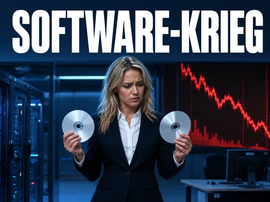 Freie Software drückt die Gewinne, besorgte Geschäftsfrau mit zwei Software-Discs vor fallendem Gewinnchart im Serverraum