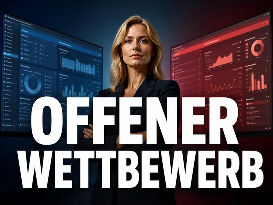 Selbstbewusste Geschäftsfrau vor zwei konkurrierenden Software-Dashboards, Symbolbild für den offenen Wettbewerb zwischen Microsoft und Linux
