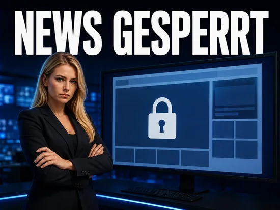 Software-Konzern geht gegen Nachrichtenseiten vor, strenge Geschäftsfrau vor Bildschirm mit gesperrter News-Seite und Schloss-Symbol