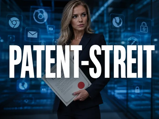 Neue Software-Patente mit unabsehbaren Folgen, besorgte Geschäftsfrau mit Patentdokument und digitalen Software-Symbolen