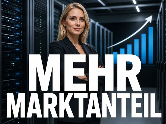 Selbstbewusste Geschäftsfrau in einem Serverraum vor einem steigenden Balkendiagramm, Symbolbild für den wachsenden Marktanteil von Microsoft bei Servern